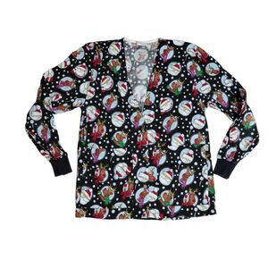 Tafford Scrub Jacket Medium Womens Christmas V-neck Black Santa Reindeer